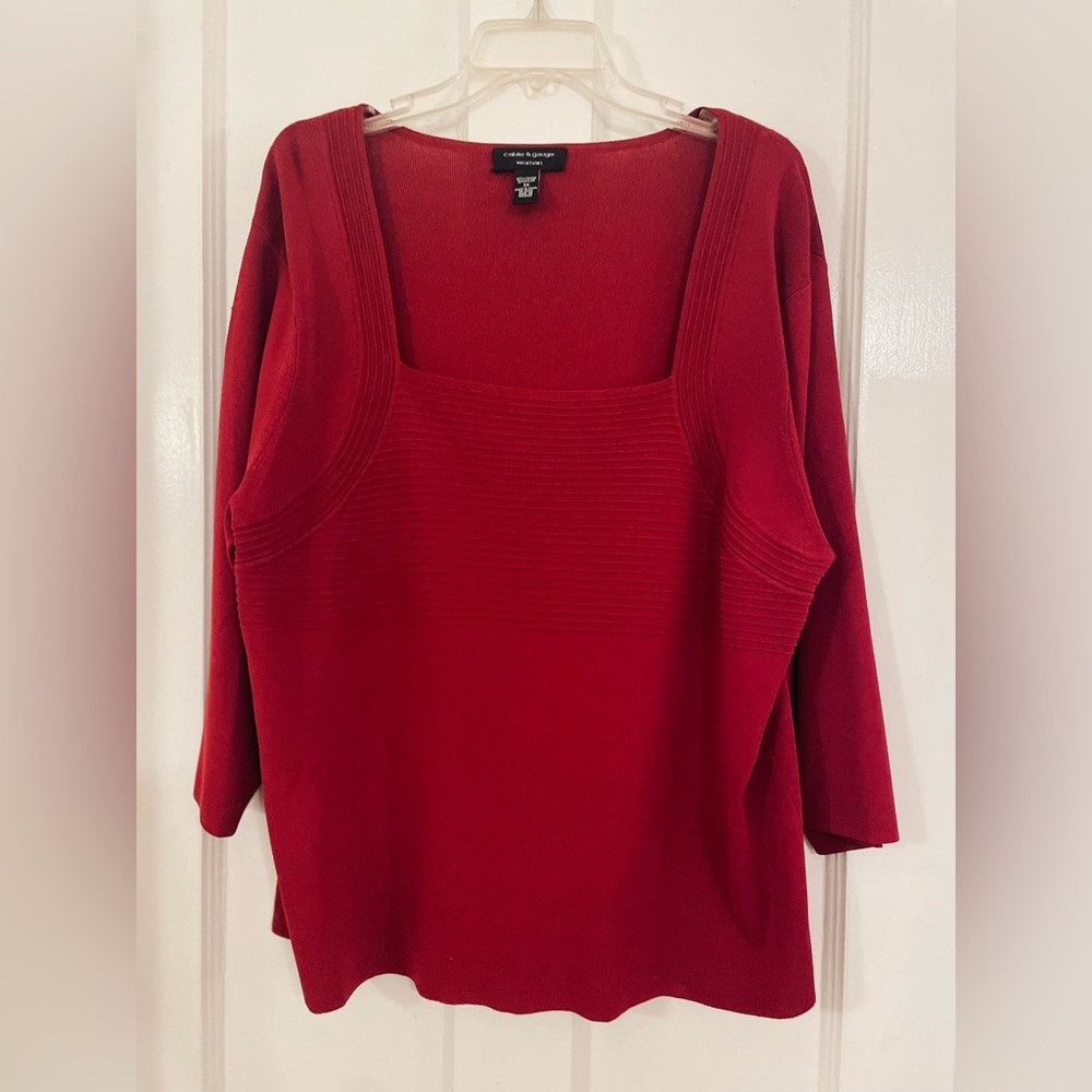 NWOT! Cable & Gauge Square-Neck Ribbed Knit 3/4 Sleeve Red Top Casual Dressy 3X